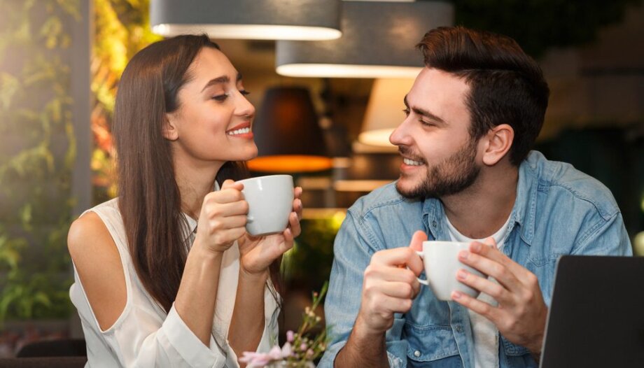 Dating.,Young,Couple,Tasting,Coffee,Drinks,Enjoying,Flirt,And,Conversation